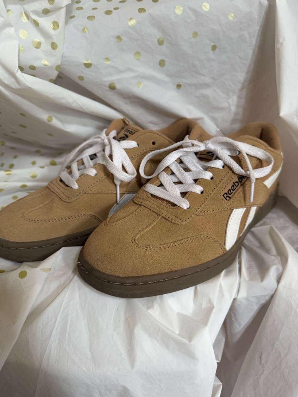 Reebok tan and white suede sneakers